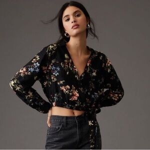 Anthropologie Linen Blend Cropped Floral Side Tie Top - Black - S